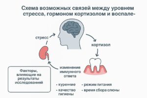 Схема потенциальной связи между уровнем стресса, кортизолом и воспалением дёсен